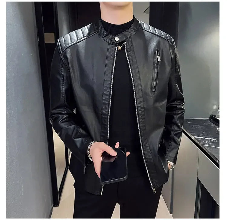 Jacket Casual Stand Collar Solid Color White Black Leather Jacket Zip Up PU Coat
