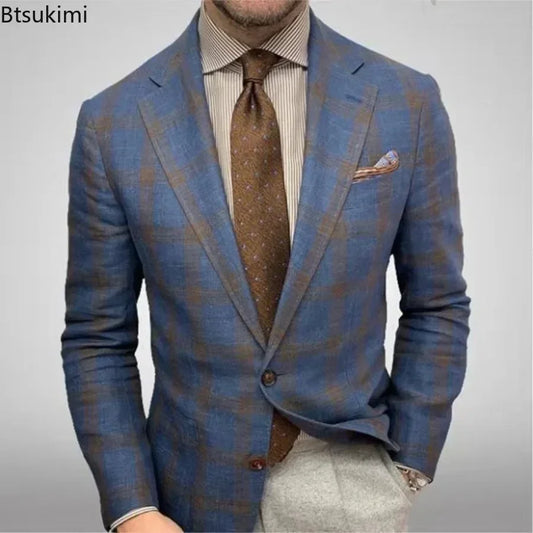 2025 Men's Plaid Blazer Jacket England Style Retro Long Sleeve Business Office Suit Jacket Fashion Simple Outerwear Jacket Male