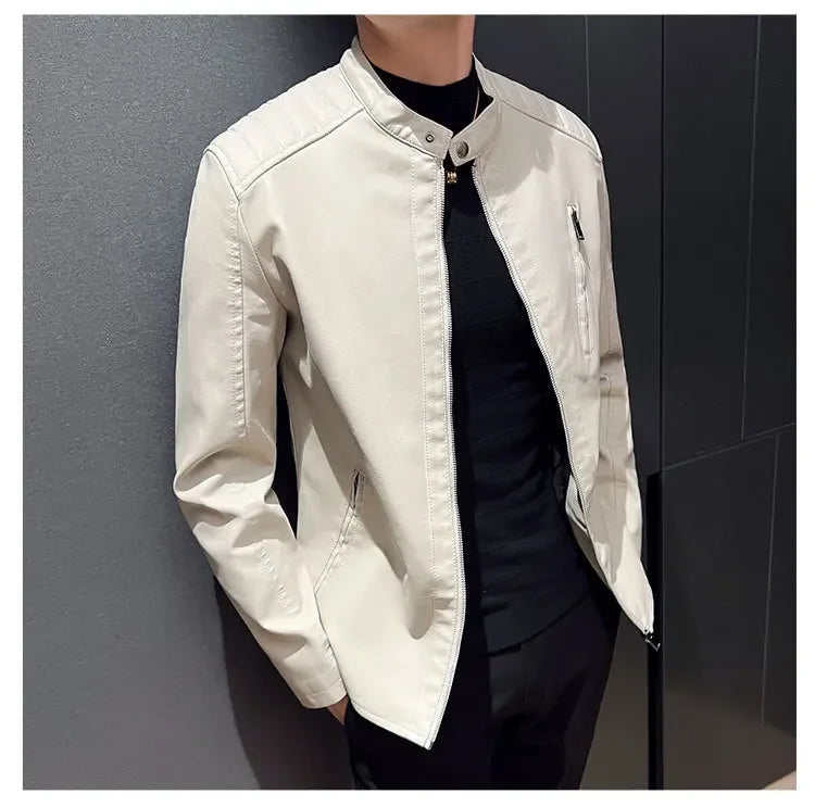 Jacket Casual Stand Collar Solid Color White Black Leather Jacket Zip Up PU Coat
