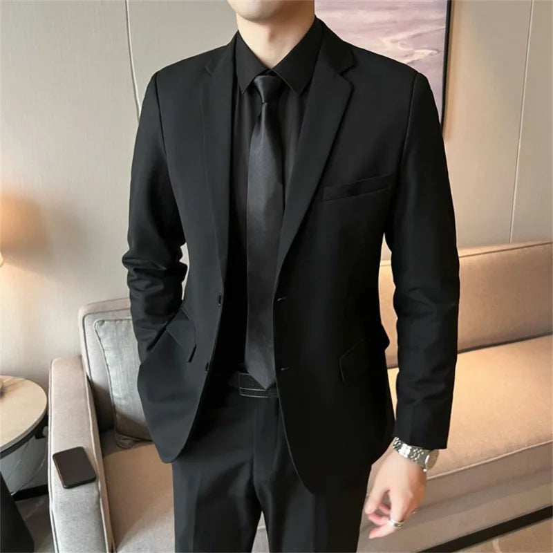Suits for Men Korean Fashion Long Sleeve Slim Fit Wedding Business Blazer Black