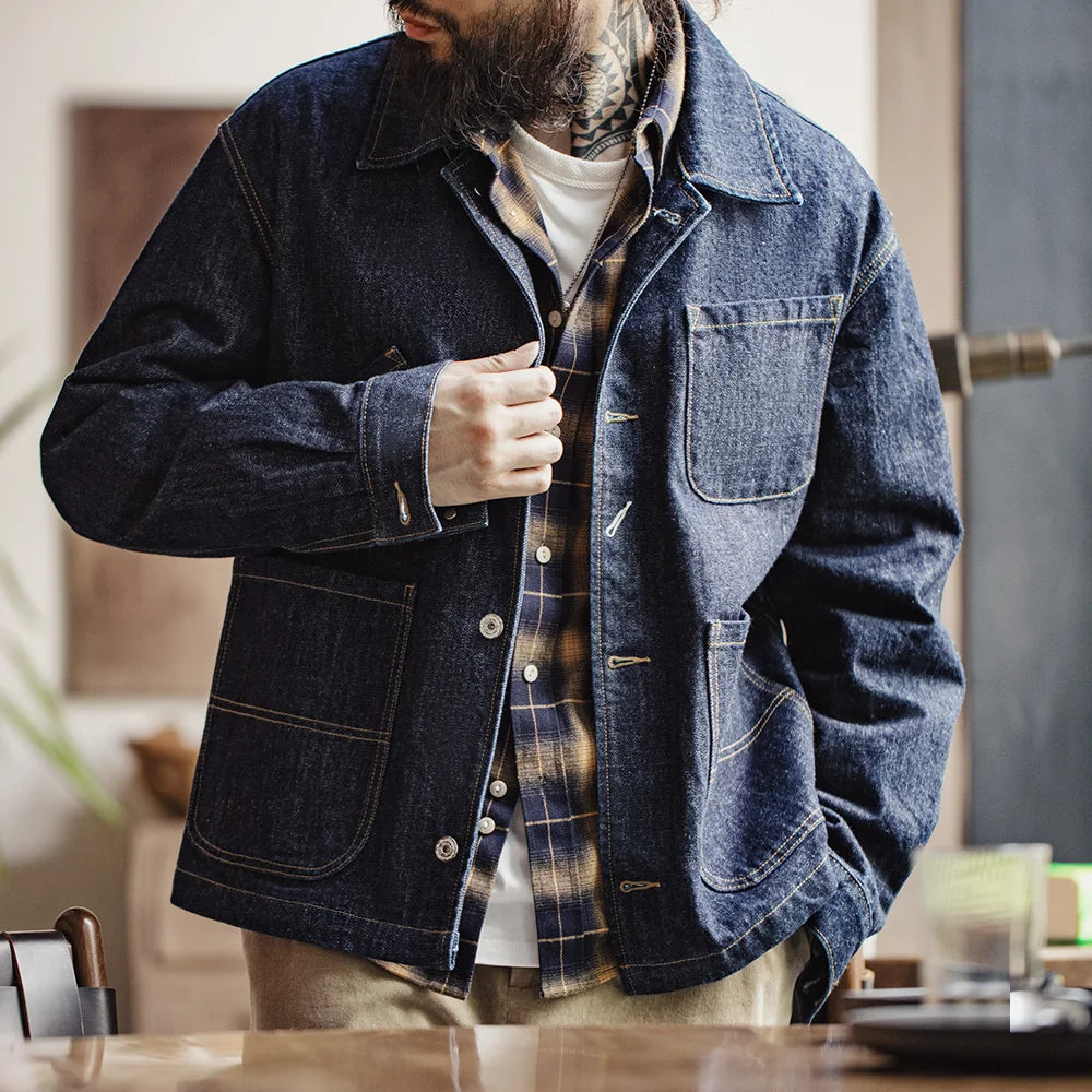 Maden Retro Four-pocket 14oz Jacket Lapel Single-breasted Denim Jacket Navy Blue Cotton Work Coat for Men's Autumn Solid Tops
