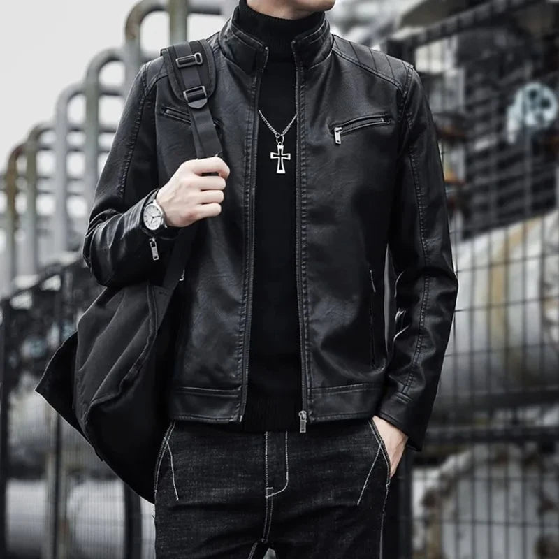 Men Leather Jacket Men Slim Fit Short