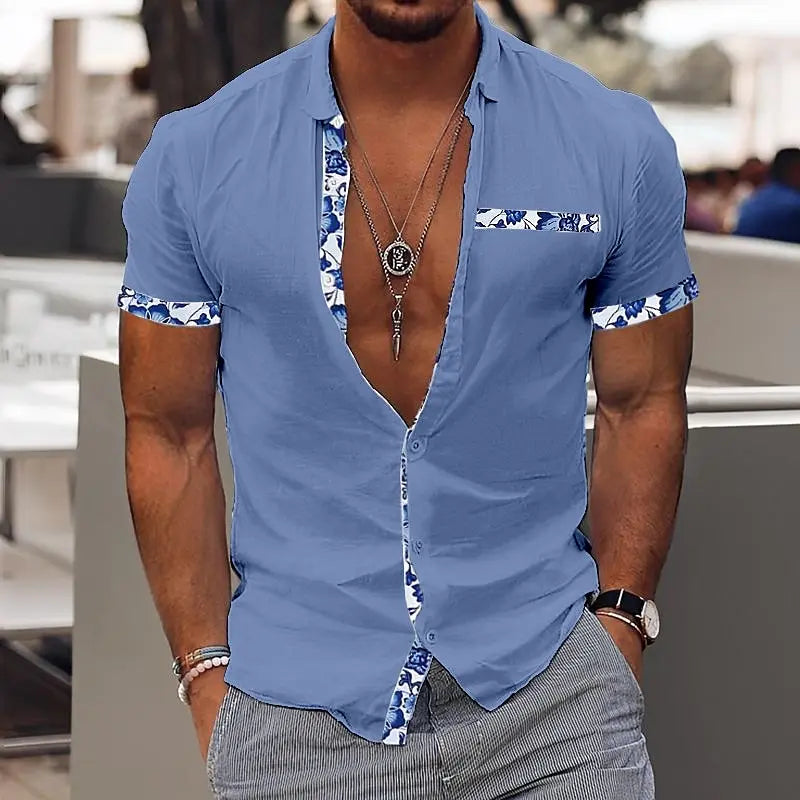 Fashionable Men's Hawaiian Shirt Casual Solid Color Printed Beach Pocket Short Sleeve Large Size 5XL New Style Multi