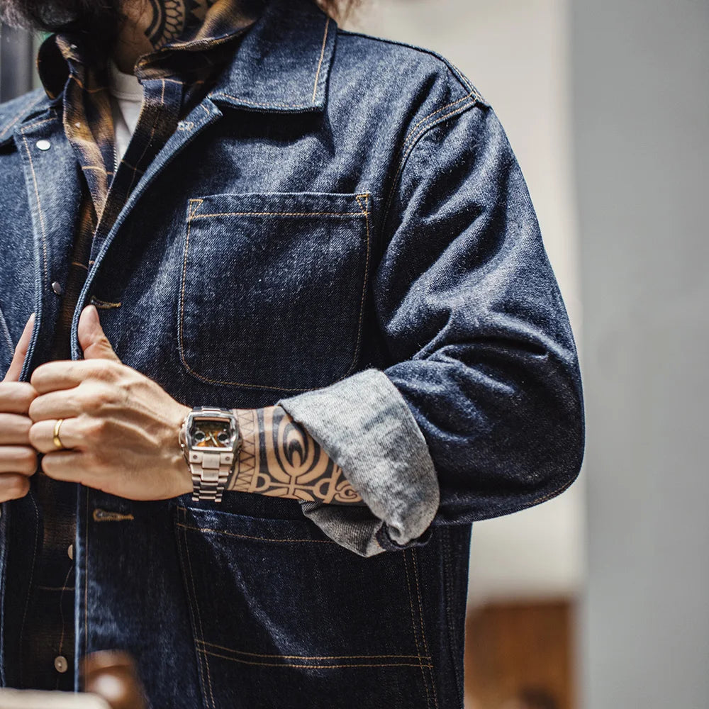 Maden Retro Four-pocket 14oz Jacket Lapel Single-breasted Denim Jacket Navy Blue Cotton Work Coat for Men's Autumn Solid Tops