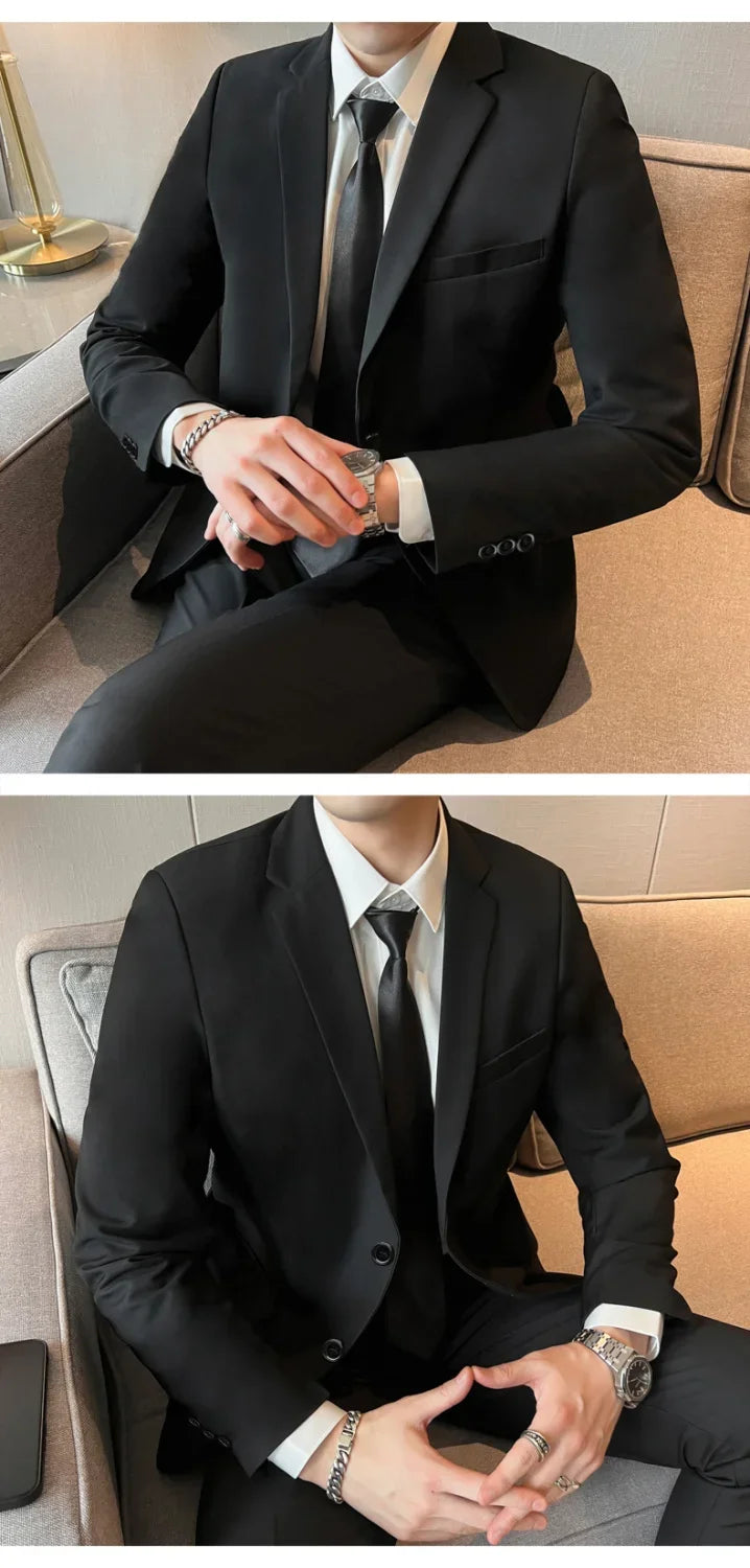 Suits for Men Korean Fashion Long Sleeve Slim Fit Wedding Business Blazer Black