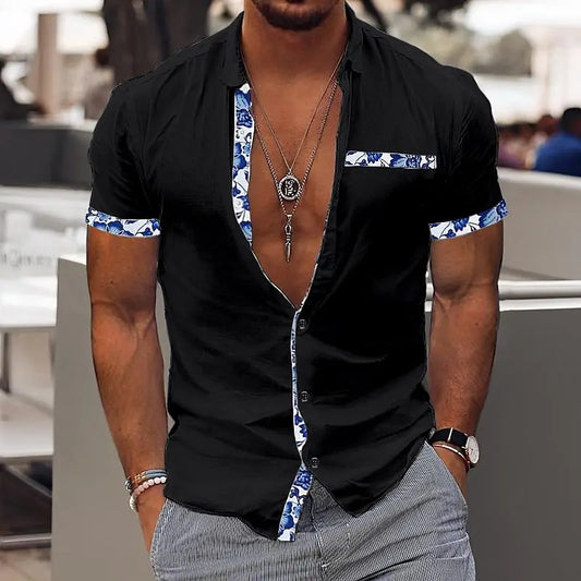 Fashionable Men's Hawaiian Shirt Casual Solid Color Printed Beach Pocket Short Sleeve Large Size 5XL New Style Multi