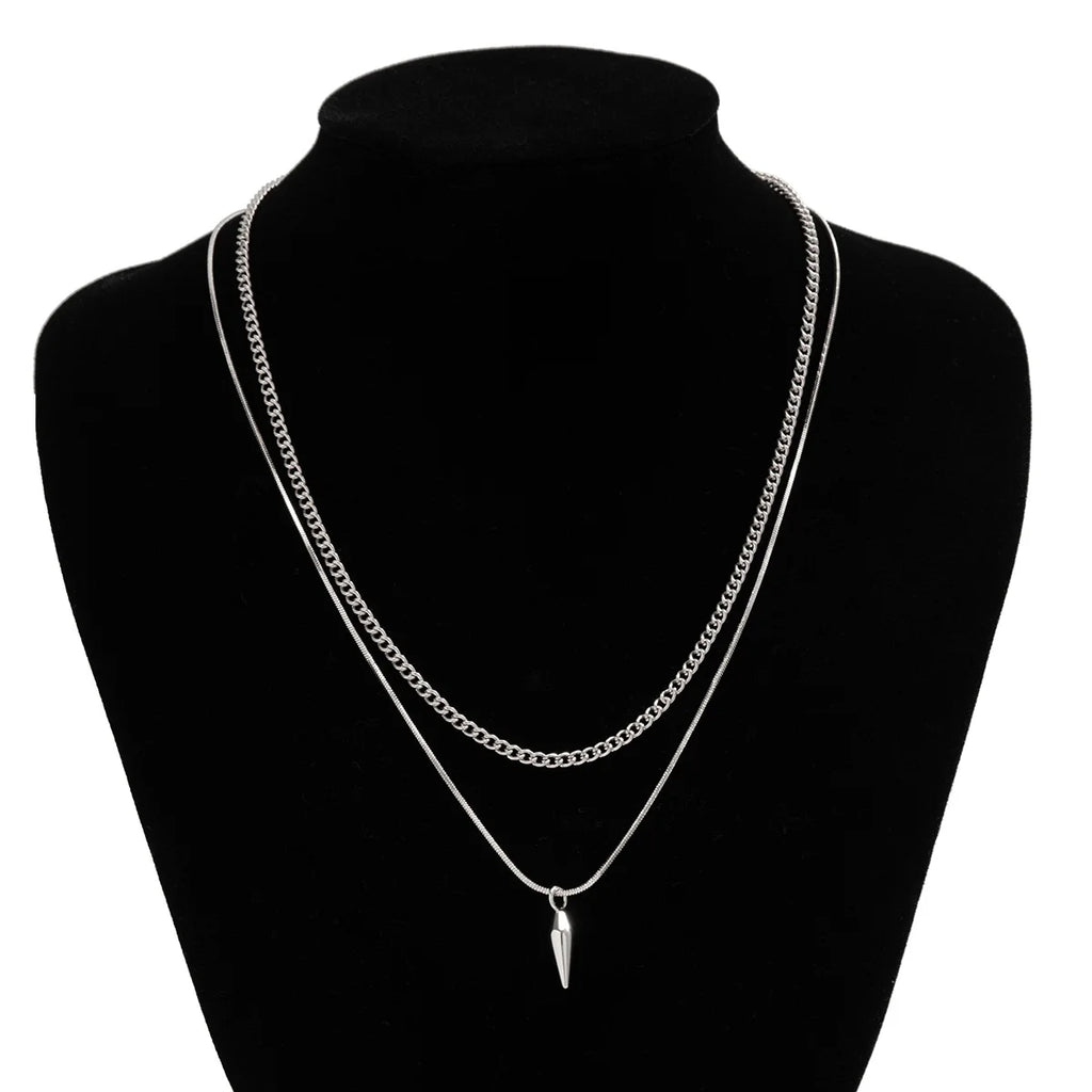 KunJoe 2pcs/set Stainless Steel Metal Rivet Pendant Thin Snake Chain Necklace for Men Punk Silver Color Cuban Link Chain Choker