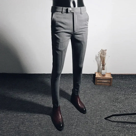 Casual Business Men's Black Stretchy Cropped Pants Trendy Korean Style Slim Fit Men's Suit Pants Summer Wear