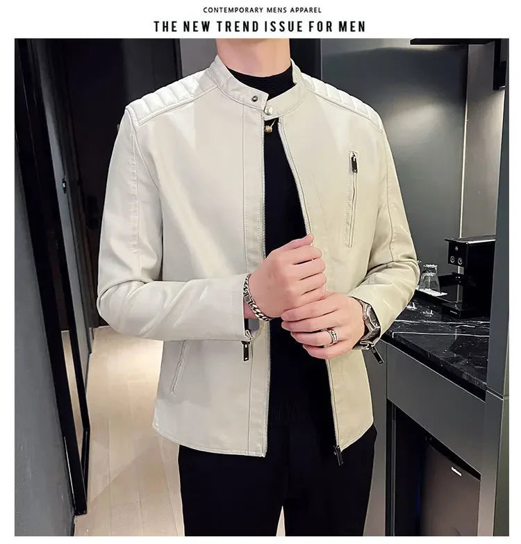 Jacket Casual Stand Collar Solid Color White Black Leather Jacket Zip Up PU Coat