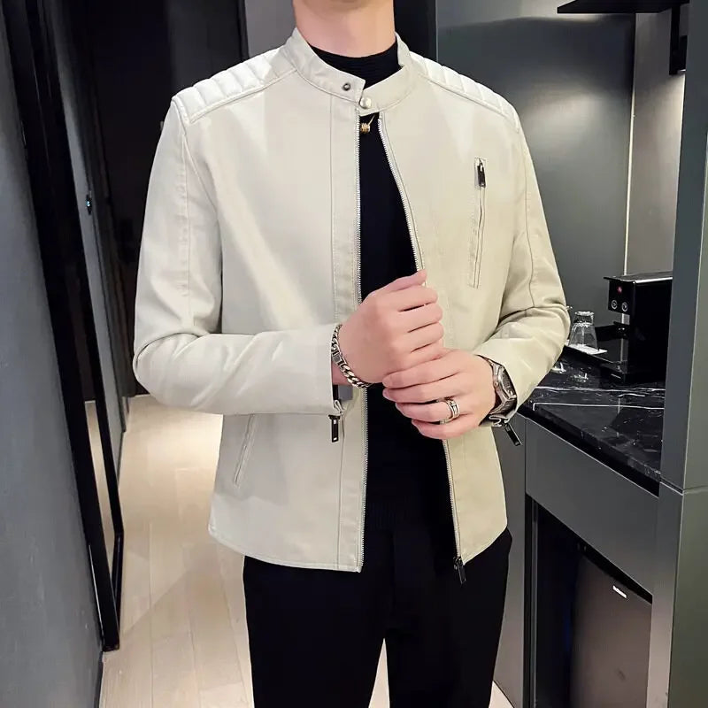 Jacket Casual Stand Collar Solid Color White Black Leather Jacket Zip Up PU Coat