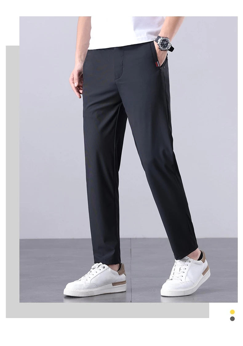 New Men's Ice Silk Pant Casual Fashion Straight Suit Trousers