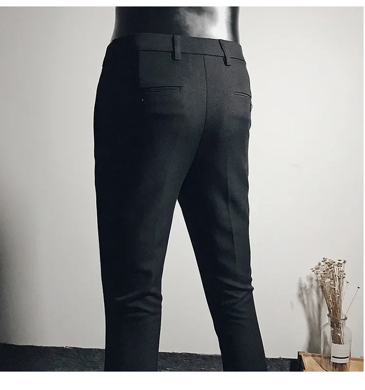 Casual Business Men's Black Stretchy Cropped Pants Trendy Korean Style Slim Fit Men's Suit Pants Summer Wear