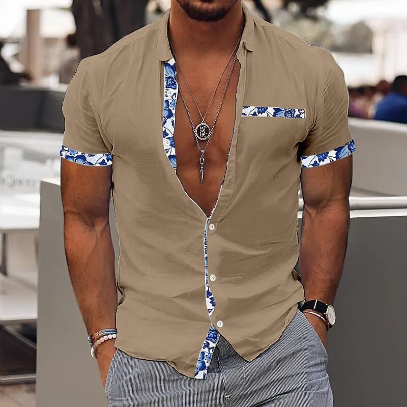 Fashionable Men's Hawaiian Shirt Casual Solid Color Printed Beach Pocket Short Sleeve Large Size 5XL New Style Multi