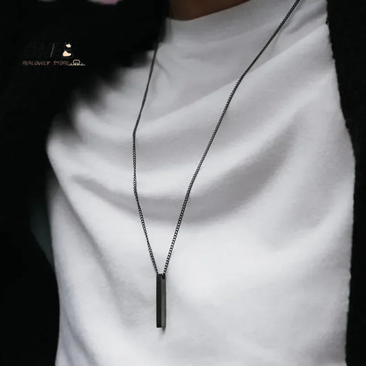 Waterproof 3D Vertical Bar Necklaces for Men, Minimalist Stainless Steel Geometric Pendant with Box Chain, Male Collar Jewelry