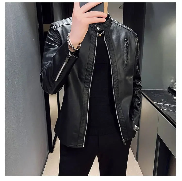 Jacket Casual Stand Collar Solid Color White Black Leather Jacket Zip Up PU Coat