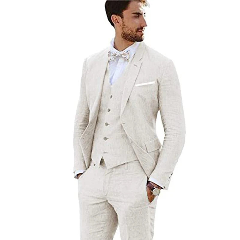New Design Linen Suit for Men 3 Pieces Formal Wedding Prom Set Slim Fit Jacket Groom Best Man Tuxedo Costume Homme Suit