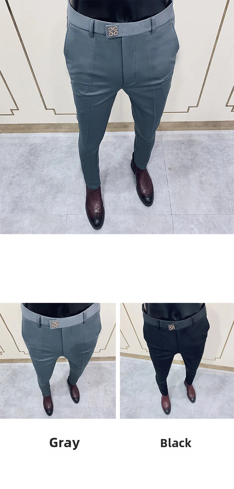 New Style Men's Casual Small Foot Elastic Suit Pants Simple Solid Color