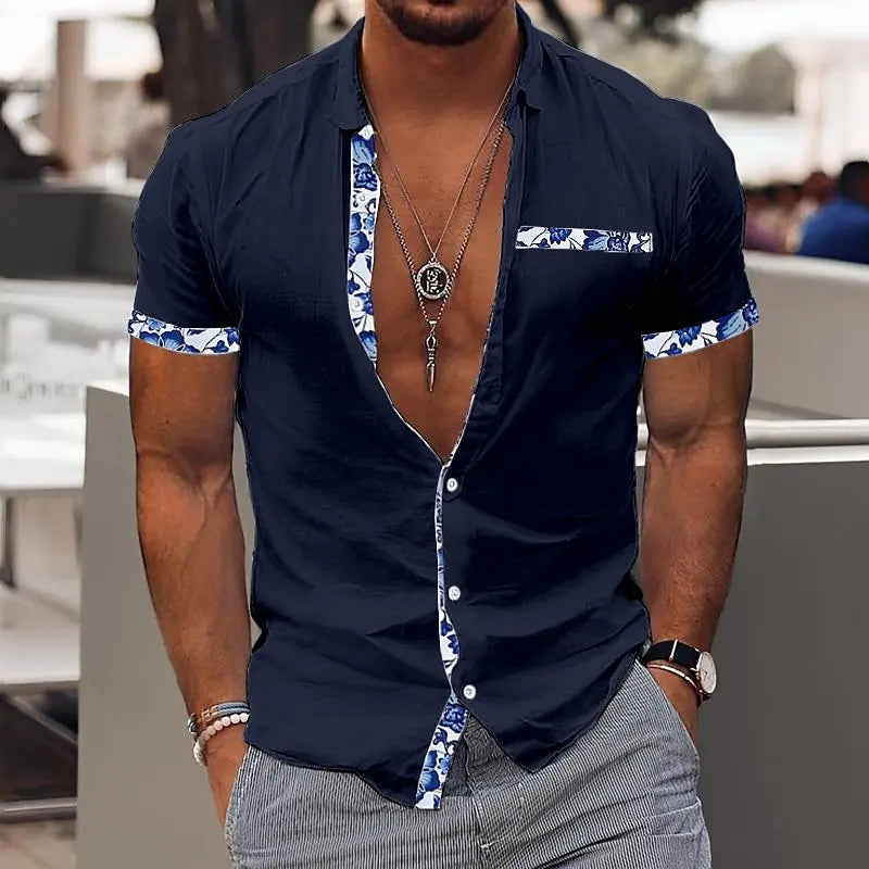 Fashionable Men's Hawaiian Shirt Casual Solid Color Printed Beach Pocket Short Sleeve Large Size 5XL New Style Multi