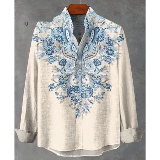 Men's Suit Retro Pattern Lapel Long Sleeved Button Printed Top Fashionable Streetwear Designer Western Style