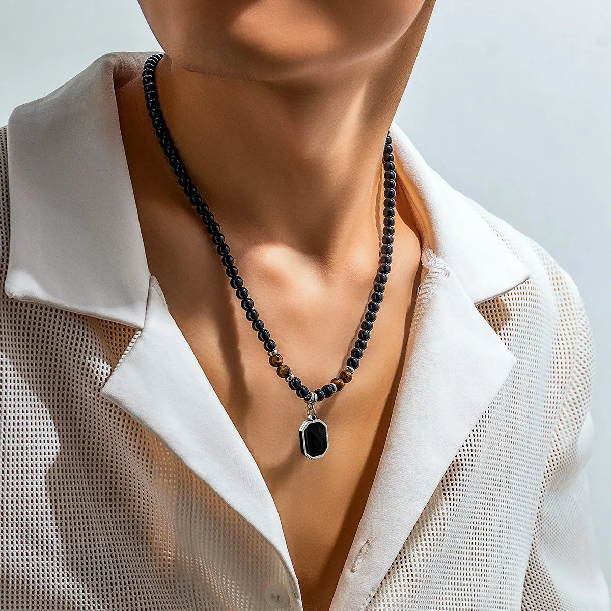 Men's stone bead necklace, hip-hop style, unique and high-end, simple and individualistic, collarbone chain accessory