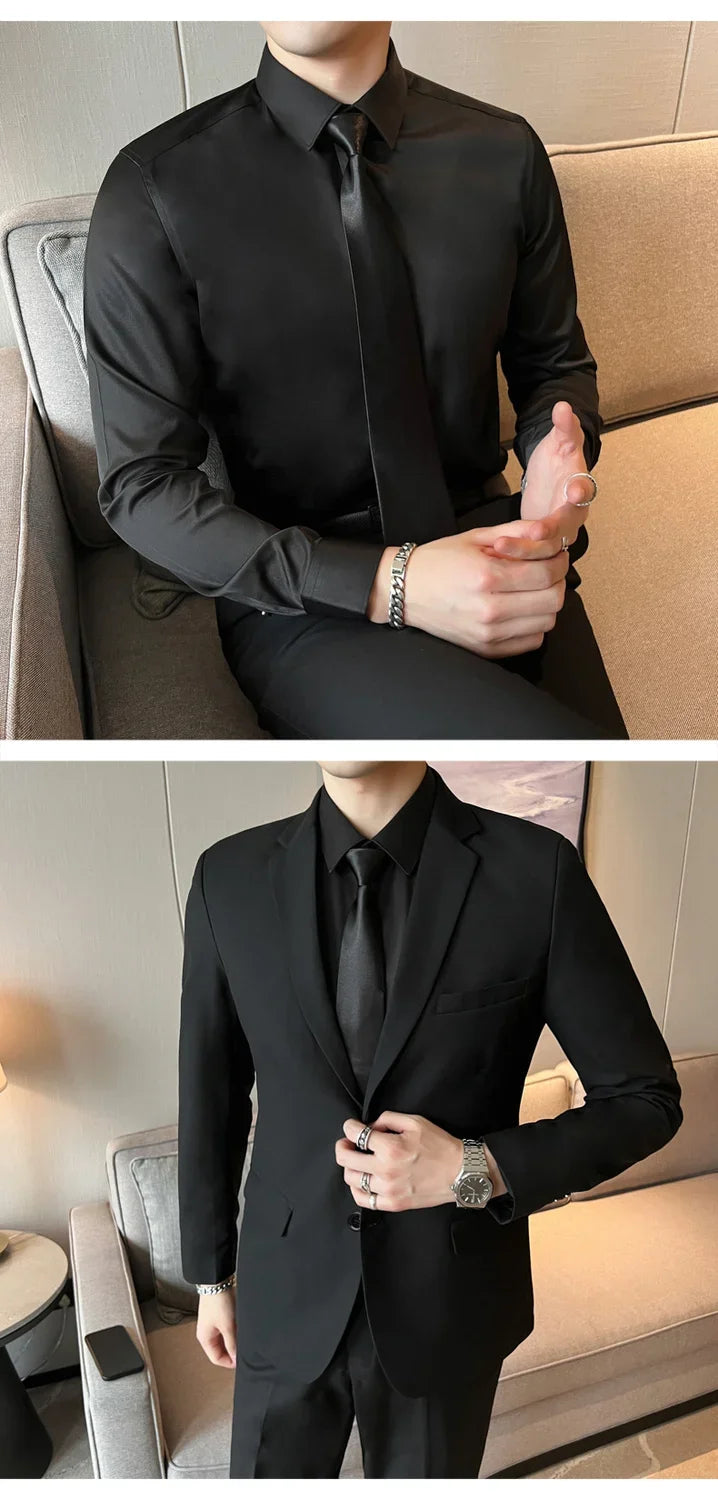 Suits for Men Korean Fashion Long Sleeve Slim Fit Wedding Business Blazer Black