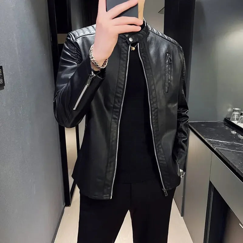 Jacket Casual Stand Collar Solid Color White Black Leather Jacket Zip Up PU Coat