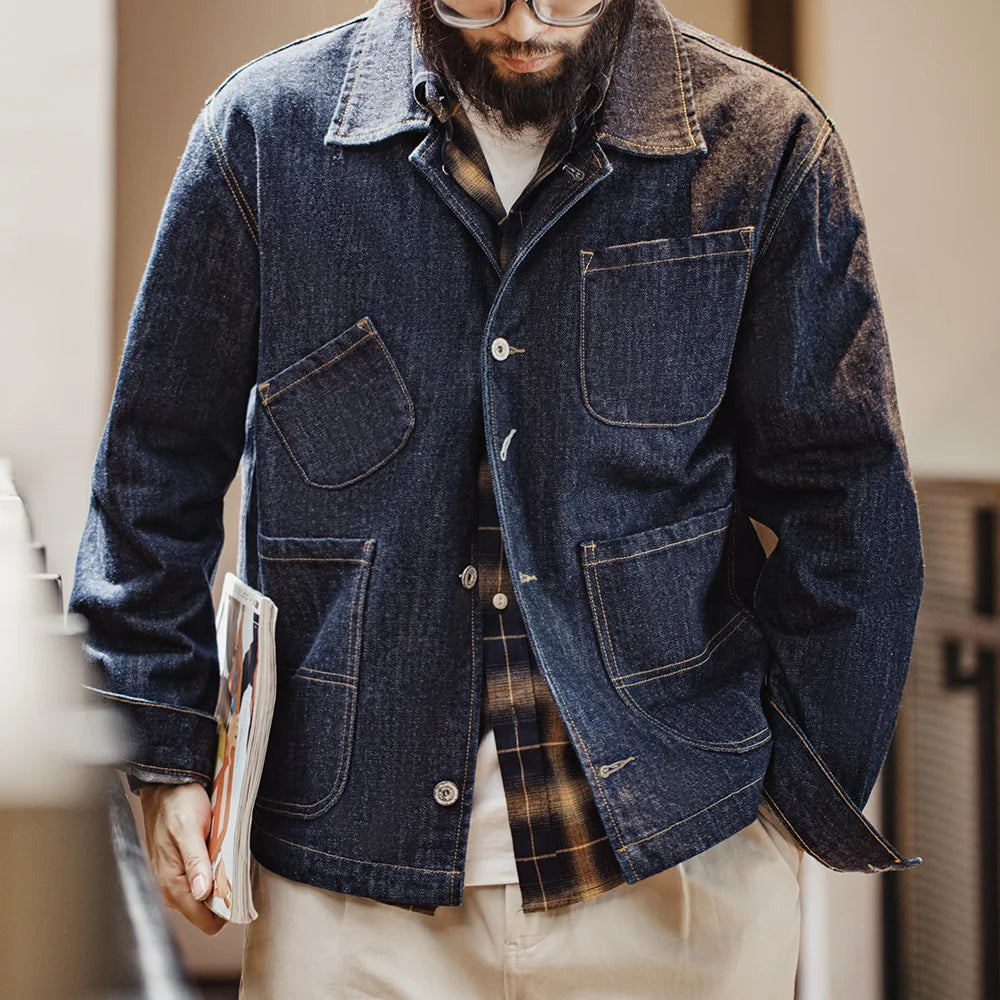 Maden Retro Four-pocket 14oz Jacket Lapel Single-breasted Denim Jacket Navy Blue Cotton Work Coat for Men's Autumn Solid Tops