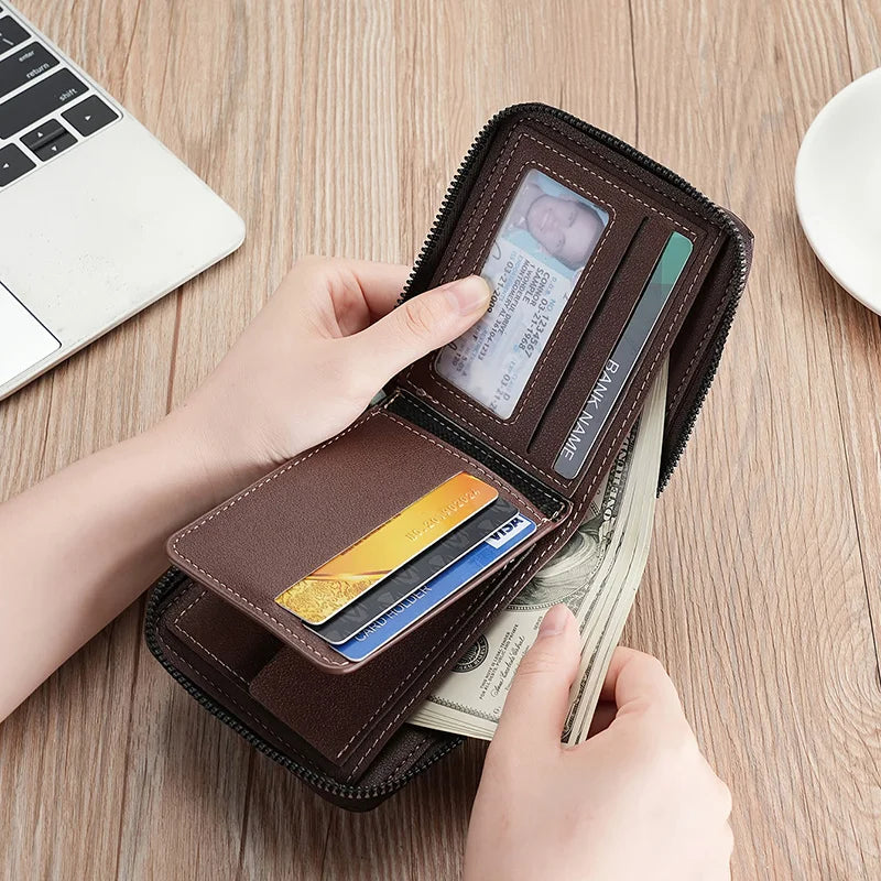 Leather Men’s Wallet Luxury Mens Purse Male Zipper Card Holders with Coin Pocket