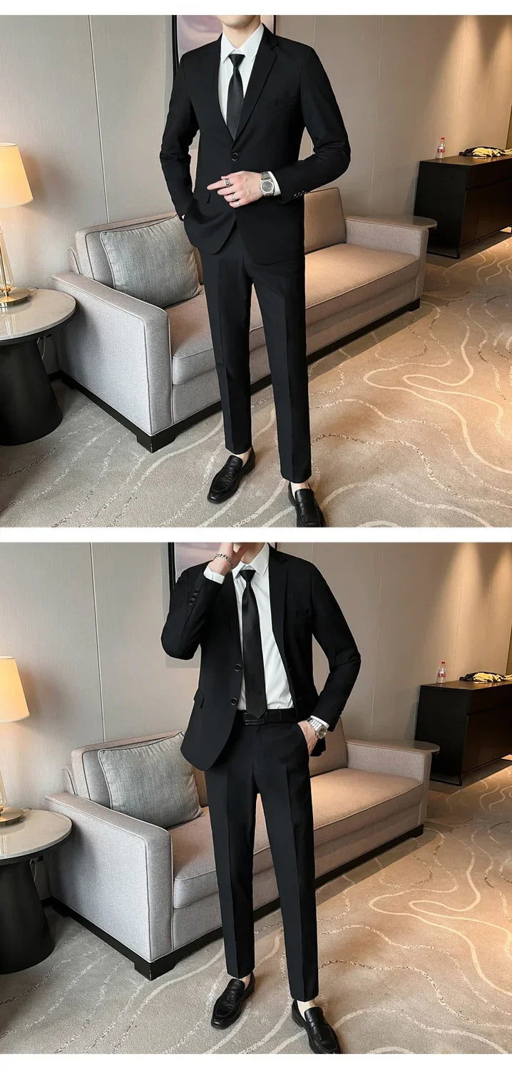 Suits for Men Korean Fashion Long Sleeve Slim Fit Wedding Business Blazer Black