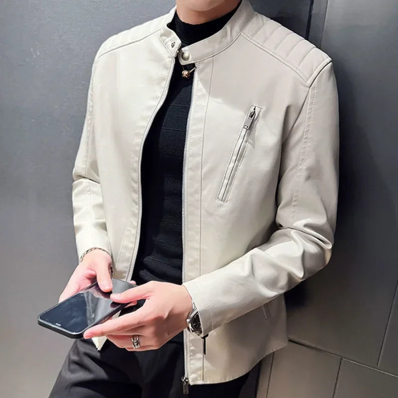 Jacket Casual Stand Collar Solid Color White Black Leather Jacket Zip Up PU Coat