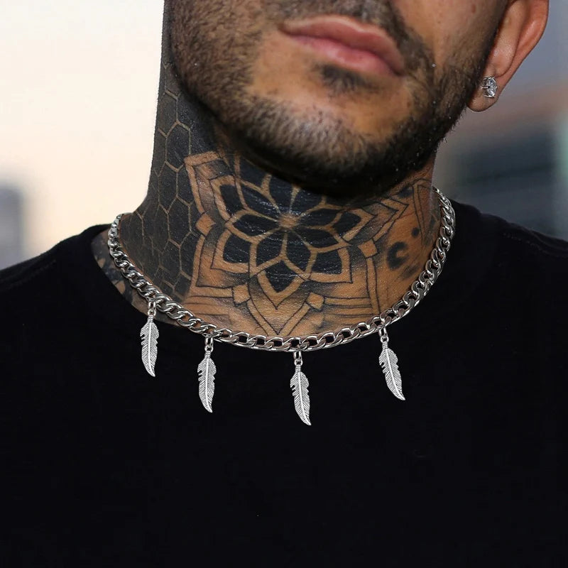 CHAIN CHOKERS WITH DRIPPING FEATHER CHARMS STAINLESS STEEL FOR MENS WOMENS POPULAR STACKS NECKLACE