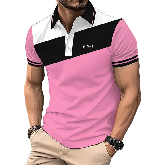 Fashion Business Casual Lapel Polo Shirt Men Short Sleeve Spell Color 3D Digital.