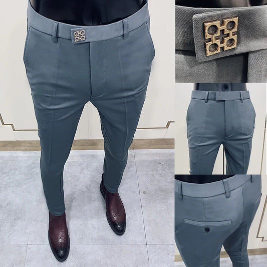 New Style Men's Casual Small Foot Elastic Suit Pants Simple Solid Color