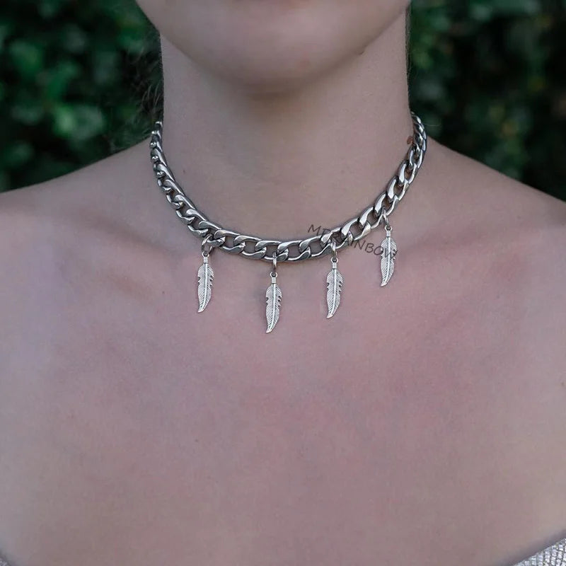 CHAIN CHOKERS WITH DRIPPING FEATHER CHARMS STAINLESS STEEL FOR MENS WOMENS POPULAR STACKS NECKLACE