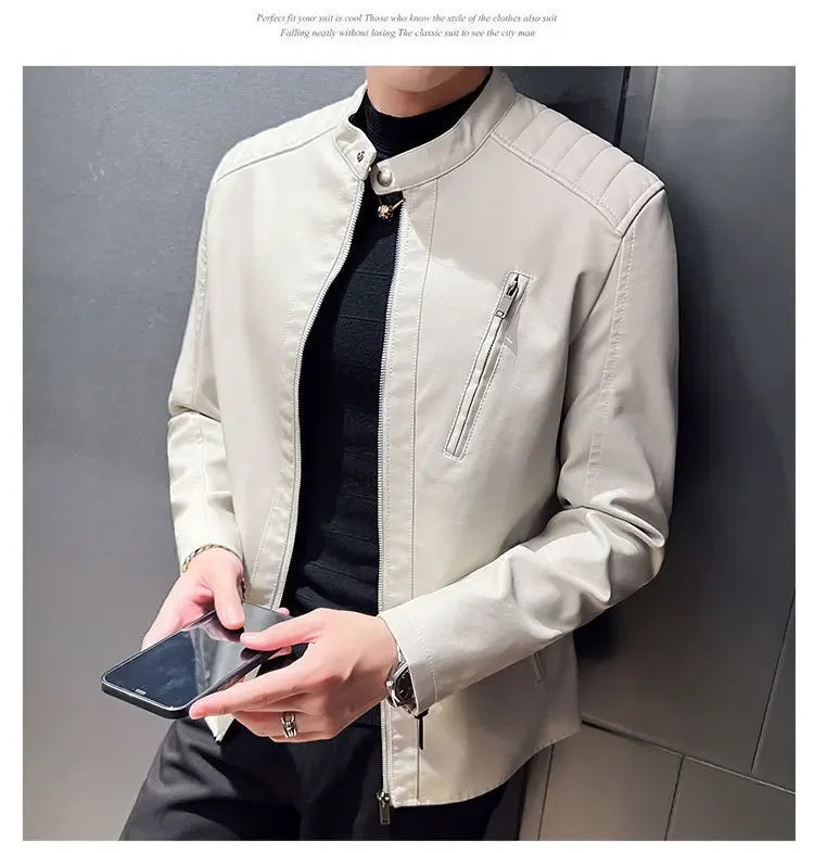 Jacket Casual Stand Collar Solid Color White Black Leather Jacket Zip Up PU Coat
