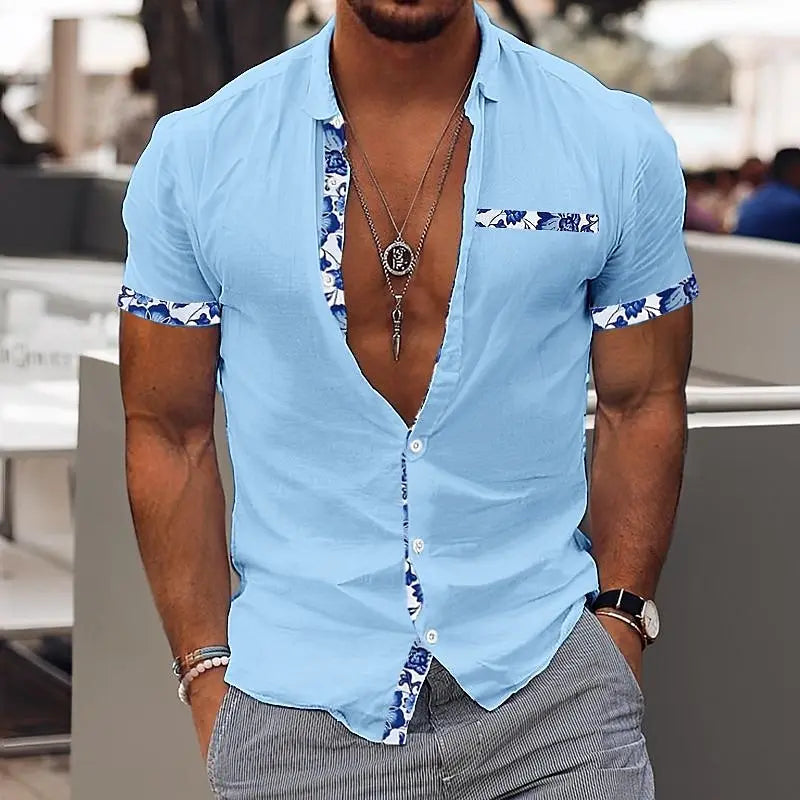 Fashionable Men's Hawaiian Shirt Casual Solid Color Printed Beach Pocket Short Sleeve Large Size 5XL New Style Multi