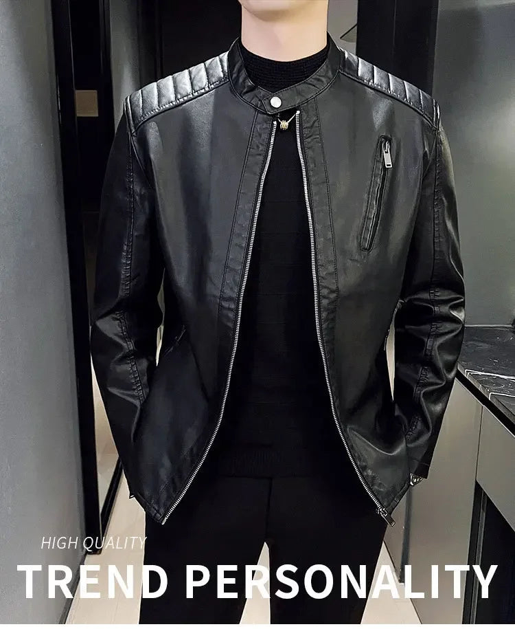 Jacket Casual Stand Collar Solid Color White Black Leather Jacket Zip Up PU Coat