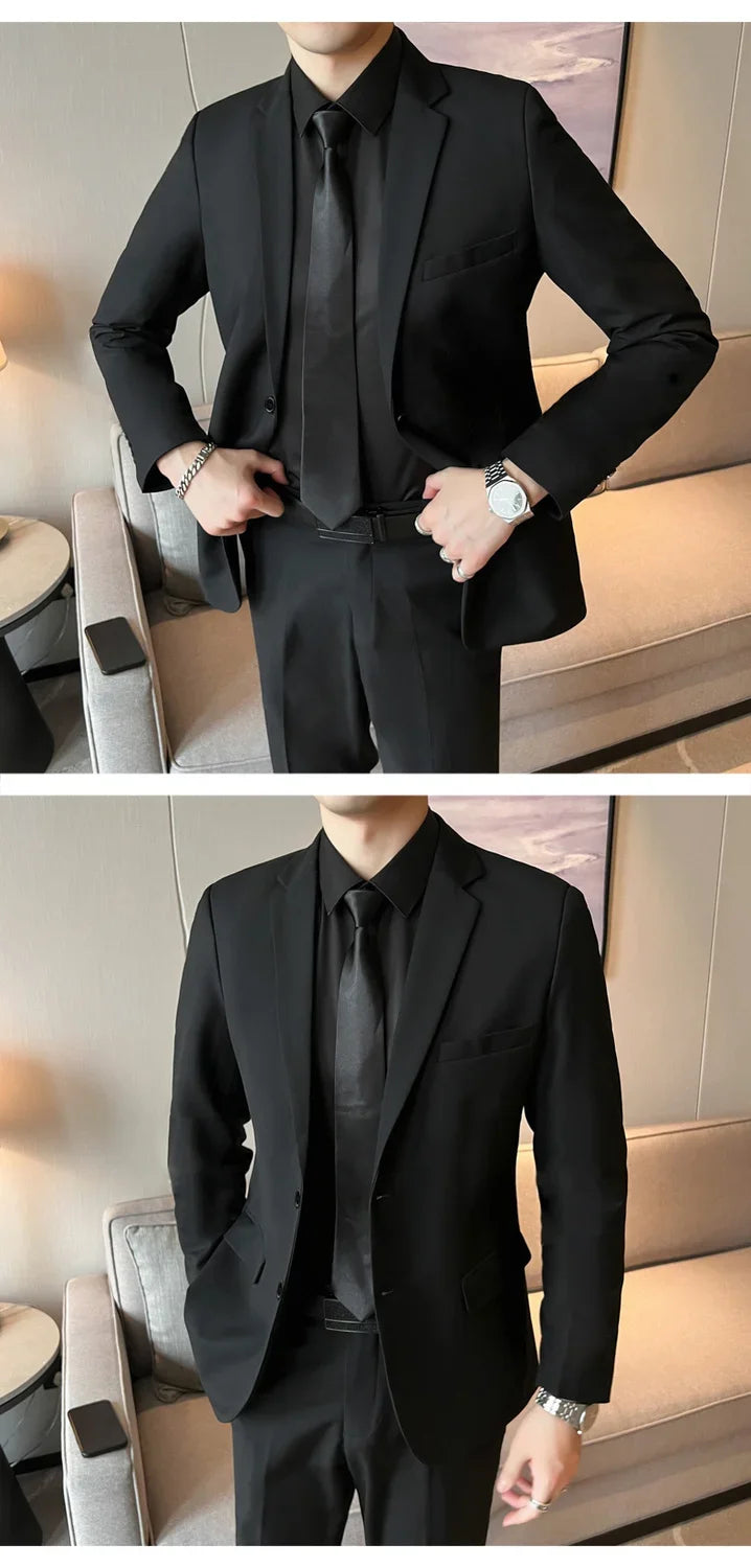 Suits for Men Korean Fashion Long Sleeve Slim Fit Wedding Business Blazer Black
