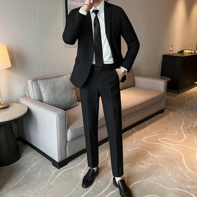 Suits for Men Korean Fashion Long Sleeve Slim Fit Wedding Business Blazer Black