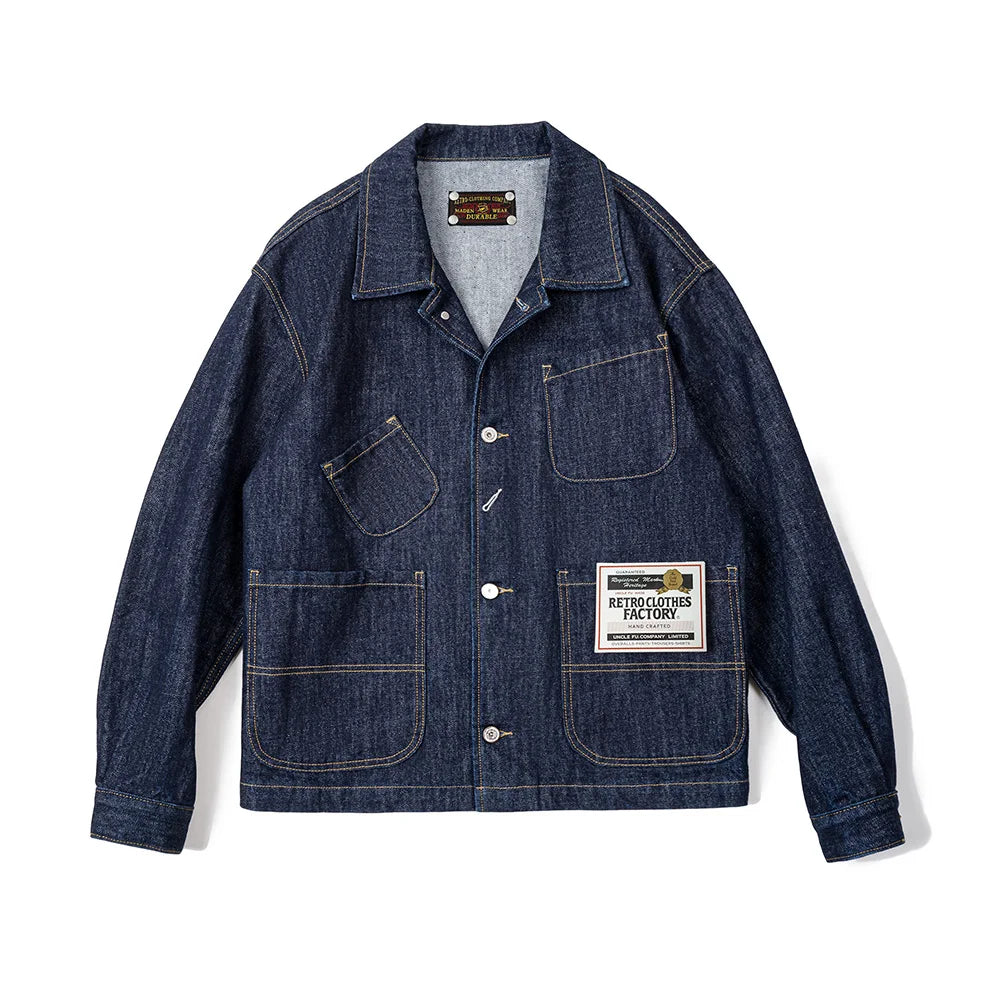 Maden Retro Four-pocket 14oz Jacket Lapel Single-breasted Denim Jacket Navy Blue Cotton Work Coat for Men's Autumn Solid Tops