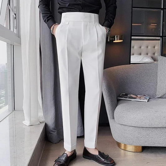 Men's High Waist Trousers Casual Work Suit Pants Belt Waistline Straight Slim Fit Bott