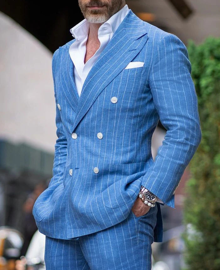 Men's Blue Striped Double Breasted Suit Attire Slim Fit Blazer Elegante Tuxedo