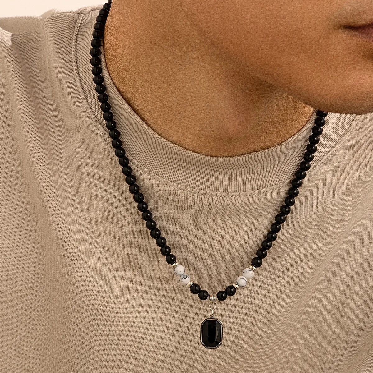 Men's stone bead necklace, hip-hop style, unique and high-end, simple and individualistic, collarbone chain accessory