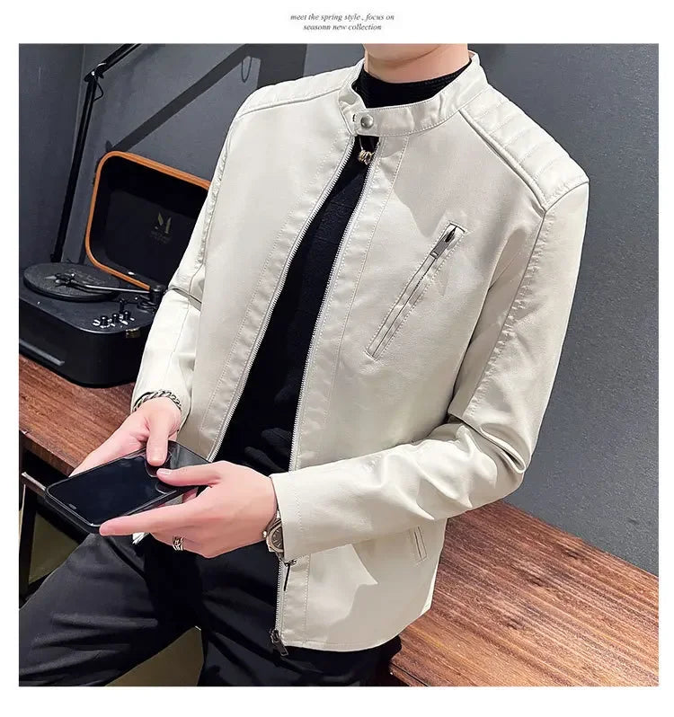 Jacket Casual Stand Collar Solid Color White Black Leather Jacket Zip Up PU Coat