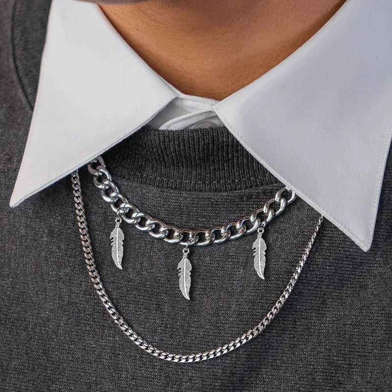 CHAIN CHOKERS WITH DRIPPING FEATHER CHARMS STAINLESS STEEL FOR MENS WOMENS POPULAR STACKS NECKLACE