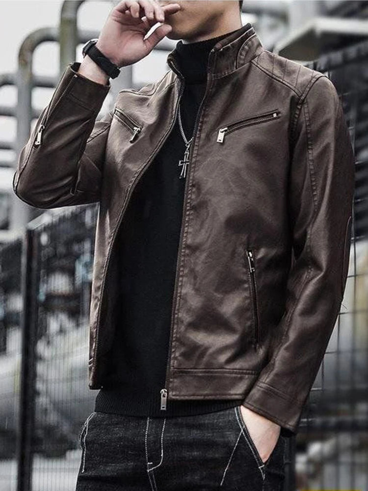 Men Leather Jacket Men Slim Fit Short